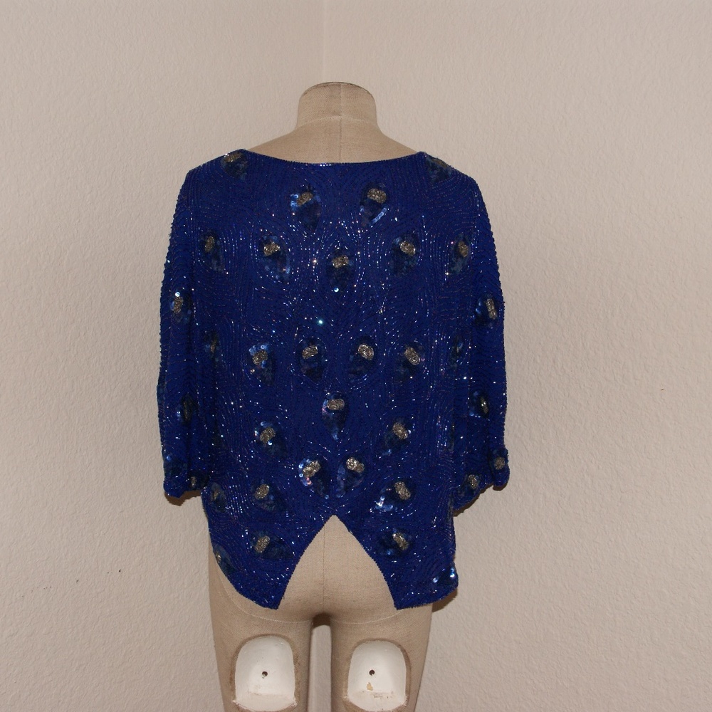 Vintage PEACOCK FEATHER Beaded Blue Silk Top S/M - Picture 3 of 5